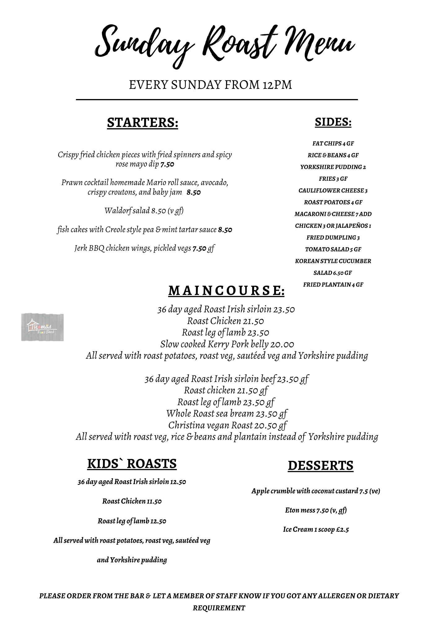 Sunday Roast Menu